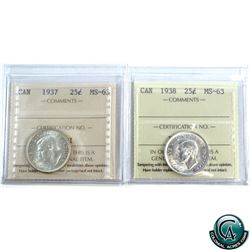 25-cent 1937 & 1938 ICCS Certified MS-63. 2pcs.