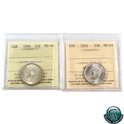 25-cent 1940 & 1941 ICCS Certified MS-64. 2pcs.