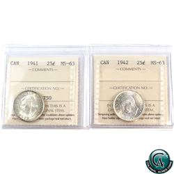 25-cent 1941 & 1942 ICCS Certified MS-63. 2pcs.