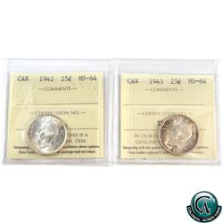 25-cent 1942 & 1943 ICCS Certified MS-64. 2pcs