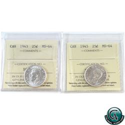 25-cent 1943 & 1945 ICCS Certified MS-64. 2pcs.