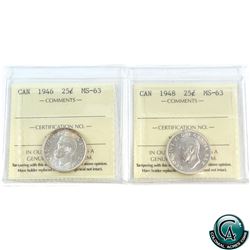 25-cent 1946 & 1948 ICCS Certified MS-63. 2pcs.