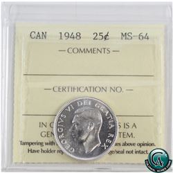 25-cent 1948 ICCS Certified MS-64. Bright flashy coin.