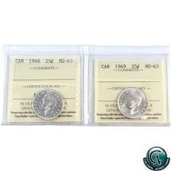 25-cent 1948 & 1949 ICCS Certified MS-63. 2pcs.