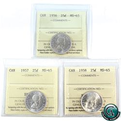 25-cent 1956, 1957, 1958 ICCS Certified MS-65. 3pcs.