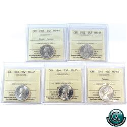 25-cent 1961 Heavy Cameo, 1962, 1963, 1964, 1965 Cameo ICCS Certified MS-65. 5pcs.