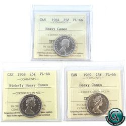 25-cent 1964, 1968 Nickel, 1969 ICCS Certified PL-66 Heavy Cameo. 3pcs.