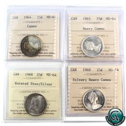 25-cent 1964 Cameo, 1965 Heavy Cameo, 1968 Silver Heavy Cameo, 1968 Silver Rotated Dies all ICCS Cer