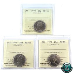 25-cent 1970, 1971, 1972 ICCS Certified MS-66. 3pcs.