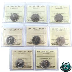 25-cent 1970, 1971, 1972, 1974, 1975, 1976, 1977, 1979 ICCS Certified MS-65. 8pcs.