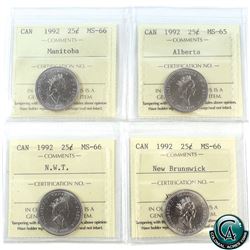 25-cent 1992 Manitoba MS-66, Alberta MS-65, N.W.T MS-66, New Brunswick MS-66. All ICCS Certified. 4p