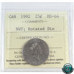 25-cent 1992 NWT Rotated Die ICCS Certified MS-64! Coin is rotated 315 degrees.