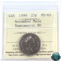 25-cent 1999 November Mule ICCS Certified MS-65 NBU.