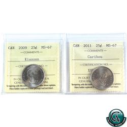 25-cent 2009 Klassen & 2011 Caribou ICCS Certified MS-67. 2pcs.