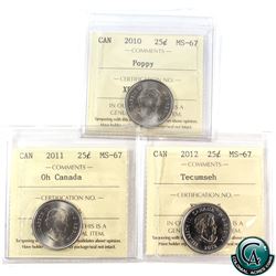 25-cent 2010 Poppy, 2011 Oh Canada & 2012 Tecumseh ICCS Certified MS-67. All coins tied for highest 