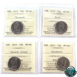 25-cent 2012 Tecumseh, 2012 Brock, 2013 Coloured Secord, 2013 Salaberry ICCS Certified MS-66. 4pcs.