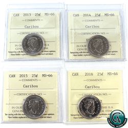 25-cent 2013, 2014, 2015, 2016 Caribou ICCS Certified MS-66. 4pcs.