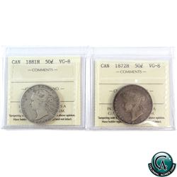 50-cent 1872H & 1881H ICCS Certified VG-8. 2pcs.