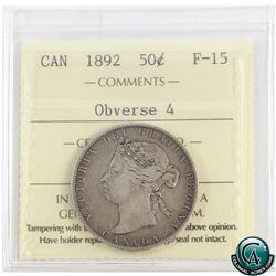 50-cent 1892 Obverse 4 ICCS Certified F-15. An attractive coin with deep even toning.