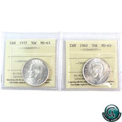 50-cent 1937 & 1940 ICCS Certified MS-63. Both coins contain a blast white finish with lustrous fiel