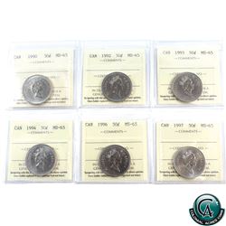 50-cent 1990, 1992, 1993, 1994, 1996, 1997 ICCS Certified MS-65. 6pcs.