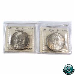 Silver $1 1935 & 1936 Both ICCS Certified MS-64. Both Lightly toned.