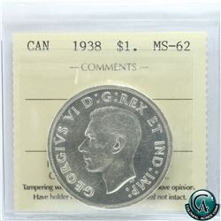 Silver $1 1938 ICCS Certified MS-62