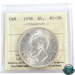 Silver $1 1938 ICCS Certified AU-58. A bright coin with soft mint luster. Great eye appeal for this 