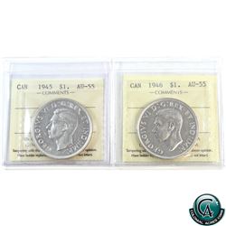 Silver $1 1945 & 1946 ICCS Certified AU-55. 2pcs.