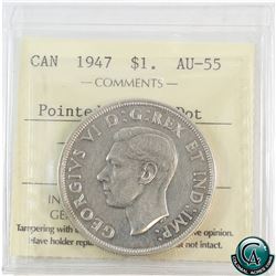 Silver $1 1947 Pointed 7; Dot ICCS Certified AU-55.