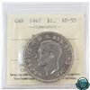 Image 1 : Silver $1 1947 Maple Leaf ICCS Certified AU-55. Coin contains a bright center with light toning arou