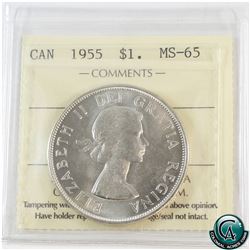 Silver $1 1955 ICCS Certified MS-65. A blast white coin with a soft satin finish.