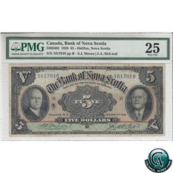 55-03-402 1929 Bank of Nova Scotia $5, Moore-McLeod, S/N: 1617910-B PMG Certified VF-25 (minor rust)