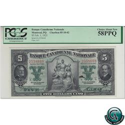 85-10-02 1925 Banque Canadienne Nationale $5, Series A, Vaillancourt-Leman S/N: 2558668 PCGS Certifi