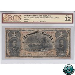 DC-13c 1898 Dominion of Canada $1, Outward ONE's, Series L, Various-Boville, S/N: 680988-D BCS Certi