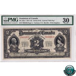 DC-22a-i 1914 Dominion of Canada $2, Various-Boville, "Will Pay...", Curved, Series D-K. S/N: 709348