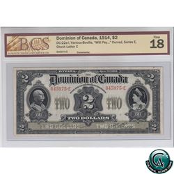 DC-22a-i 1914 Dominion of Canada $2, "Will Pay...", Curved, Series E. Various-Boville S/N: 645975 BC