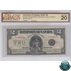 DC-26j 1923 Dominion of Canada $2, Black Seal, Group 3, Series T, Campbell-Sellar, S/N: 066736-D BCS