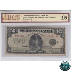 DC-26l 1923 Dominion of Canada $2, Black Seal, Group 4, Series W, Campbell-Clark, S/N:684194-C BCS C