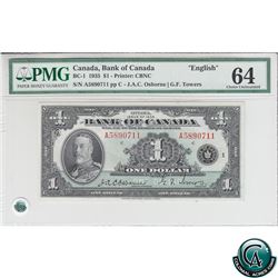 BC-1 1935 Bank of Canada English $1, Osborne-Towers, S/N: 5890711/A PMG Choice UNC-64