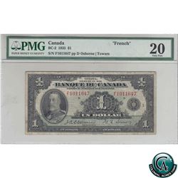 BC-2 1935 Bank of Canada French $1, Osborne-Towers, S/N: F1011647, PMG Certified VF-20