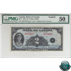 BC-3 1935 Bank of Canada English $2, Osborne-Towers, S/N: A3814047-B PMG Certified AU-50.