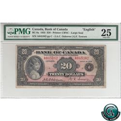 BC-9a 1935 Bank of Canada English $20, Large Seal. Osborne-Towers, S/N: A045382-C PMG Certified VF-2