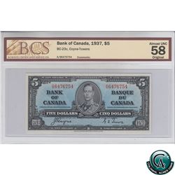 BC-23c 1937 Bank of Canada $5, Coyne-Towers, S/N: A/S6476754 BCS Certified AU-58 Original!