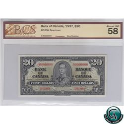 BC-25S 1937 Bank of Canada SPECIMEN $20, S/N: A/E0000000 BCS Certified AU-58 (glue residue). Only 47