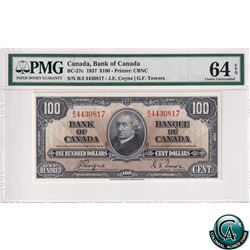 BC-27c 1937 Bank of Canada $100, Coyne-Towers, S/N: B/J4430817, PMG Certified CUNC-64 EPQ Bright vib