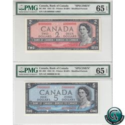 BC-38S & BC-39S 1954 Bank of Canada Modified SPECIMEN $2 & $5, Both PMG Certified GEM UNC-65 EPQ! A 