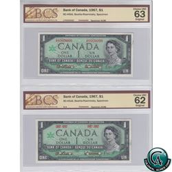 Set of 2 Matching 1967 SPECIMEN Notes (Set#196). Both Notes BCS Certified, BC-45aS (CUNC-62) & BC-45