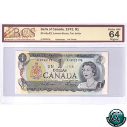BC-46a-E2 1973 Bank of Canada $1, Lawson-Bouey, Two Letter, AF 8925198, Ink Smear, BCS CUNC-64 Origi
