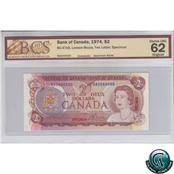 BC-47aS 1974 Bank of Canada SPECIMEN $2, Lawson-Bouey, S/N:BA0000000 BCS Certified CUNC-62 Original.